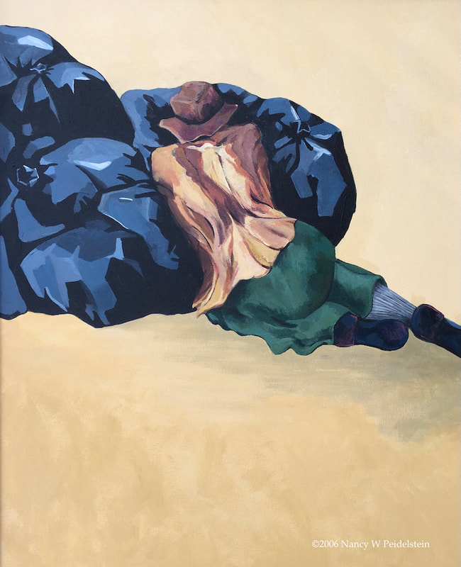 painting of figure, seen from the back, semi-reclined against several large trash bags.  Title:  A Better Night's Sleep - acrylic 30" x 24" (contact for availability)