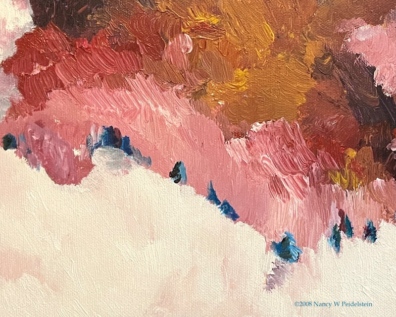 Image of painting with abstracted snow-covered hill and trees, pink and dark-clouded sky, titled Awestruck - acrylic 8" x 10" $125 - Contact for availability