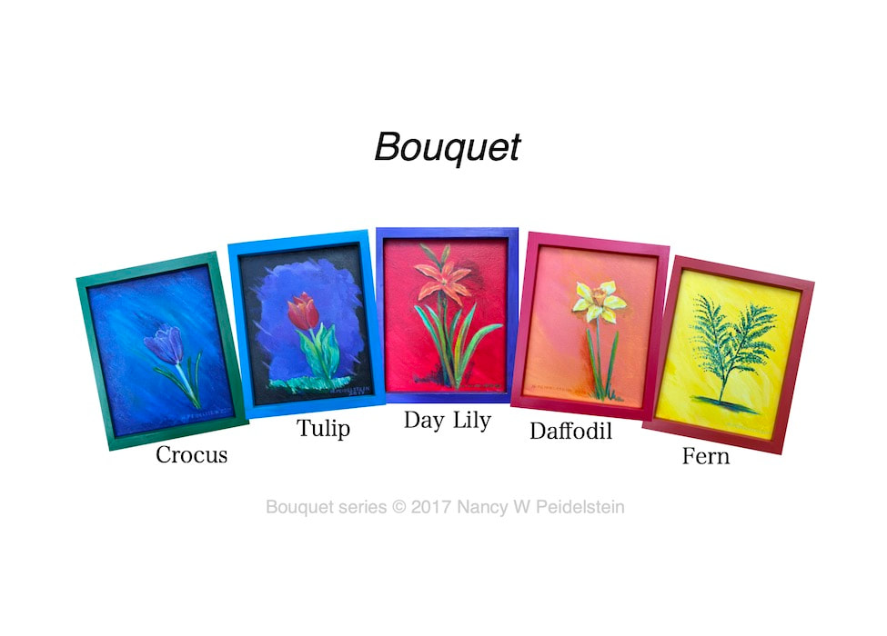 "Bouquet" series of flower paintings.  Each of five 10" x 8" acrylic  paintings is framed in in a different  color.  Contact artist for more information.