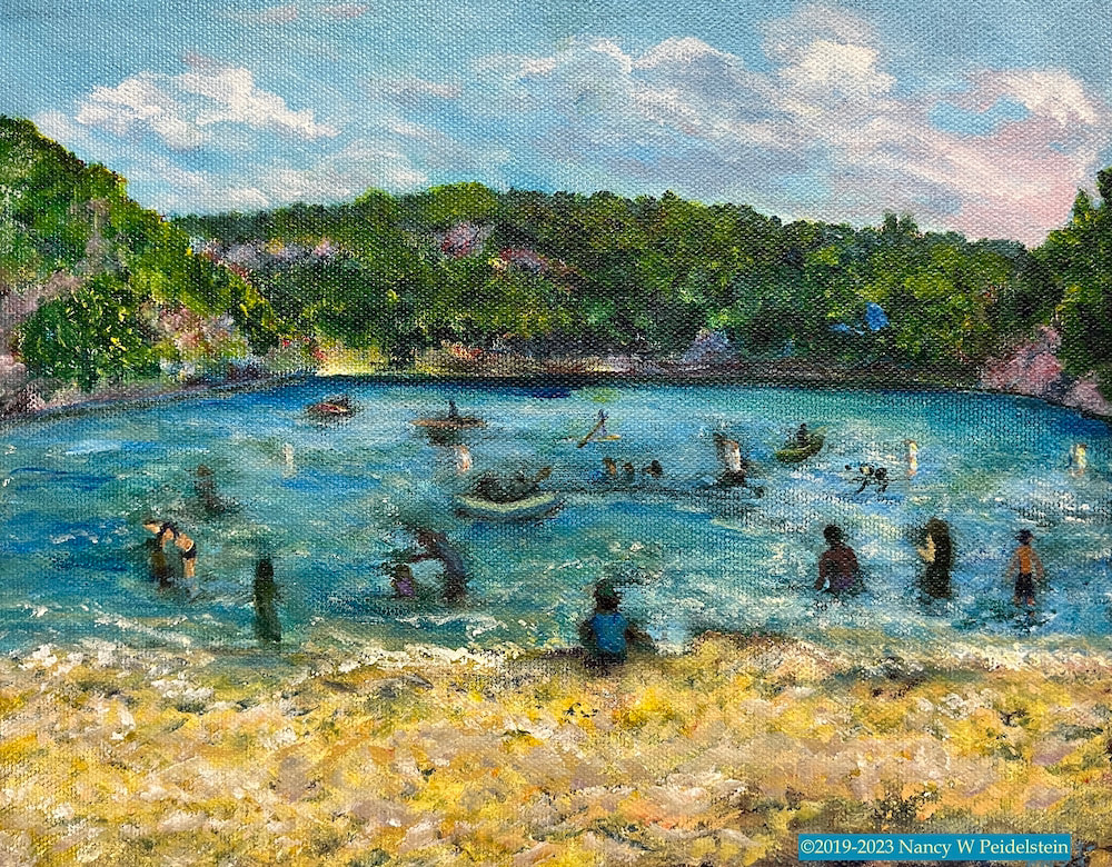 acrylic painting of people enjoying beach at Devil's Lake State Park.  Title Devil's Lake 61 - 8" x 10" $125  (contact for availability)