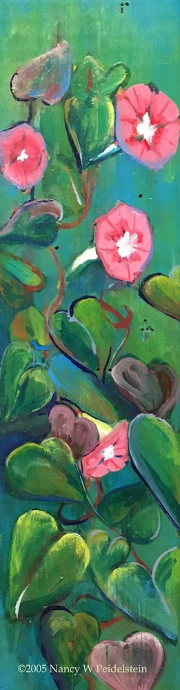 painting of Morning Glories - acrylic on wood 12" x 3.5" (contact artist regarding availability) 