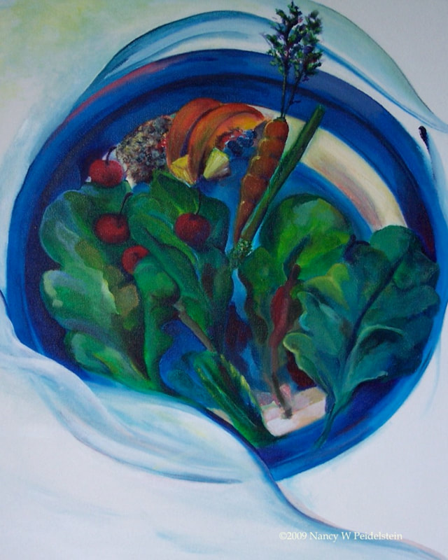 Image of painting with fresh fruits and vegetables.  Title:  "Balance" - acrylic 20" x 16" $20 (Contact for availability)