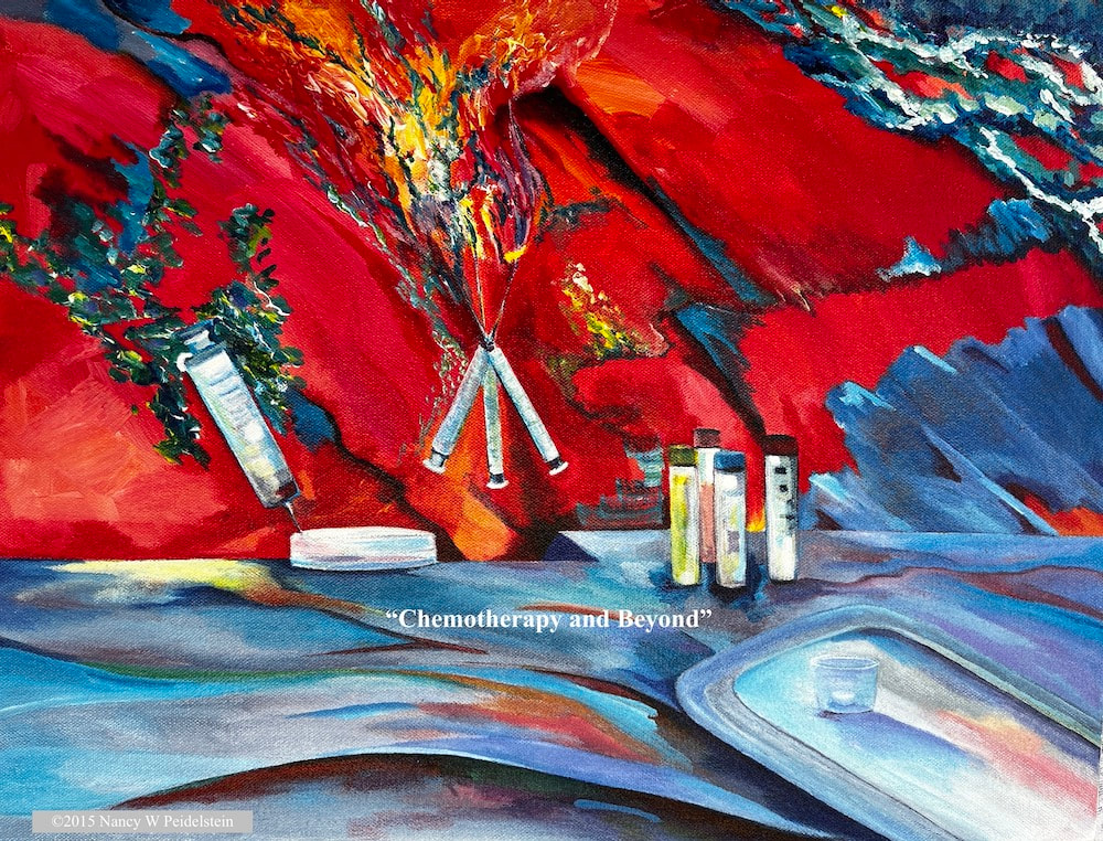 painting of several medical tools used for treatment, titled "Chemotherapy and Beyond"  acrylic 12" x 16"  (contact for availability)