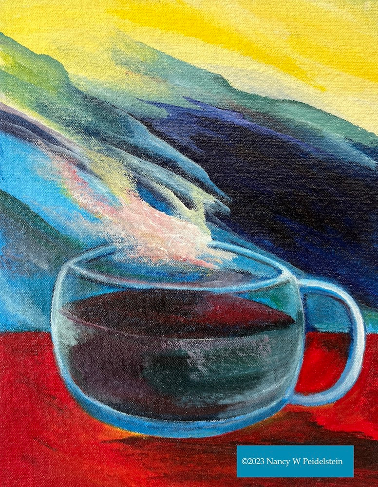 Image of painting with coffee cup with vapor steaming from it.  Title:  "Inner Clouds" - acrylic 10" x 8" (Contact for availability)