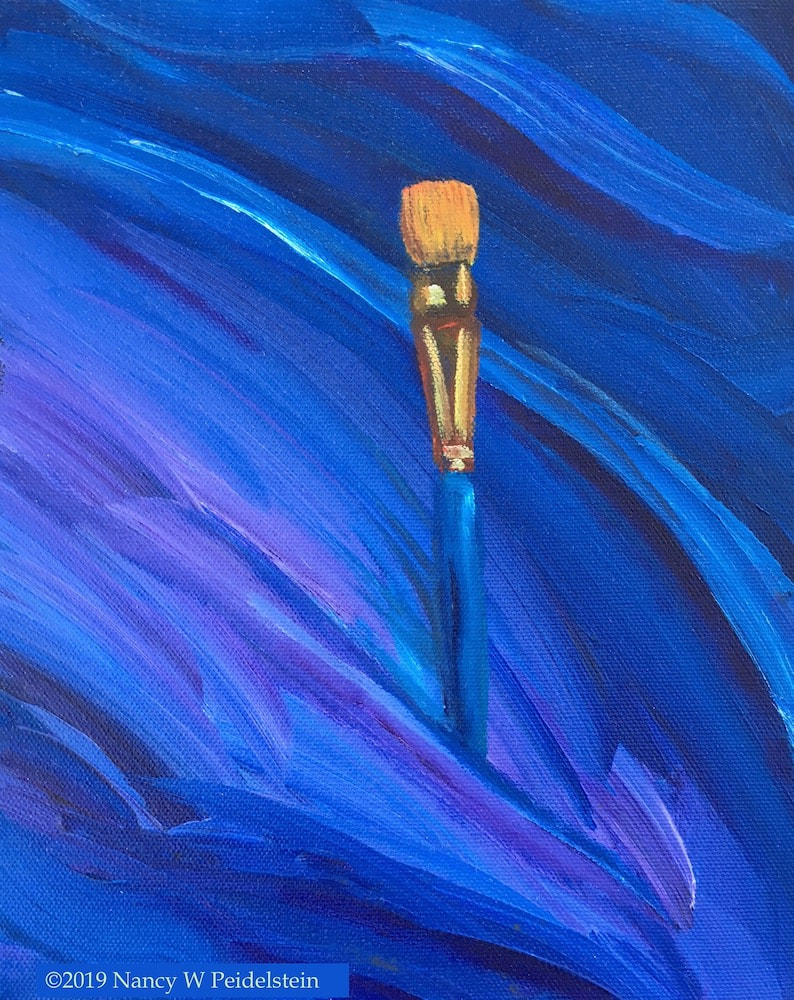 painting of paintbrush on blue background titled Brush #10 - acrylic 10" x 8 (contact artist regarding availability)