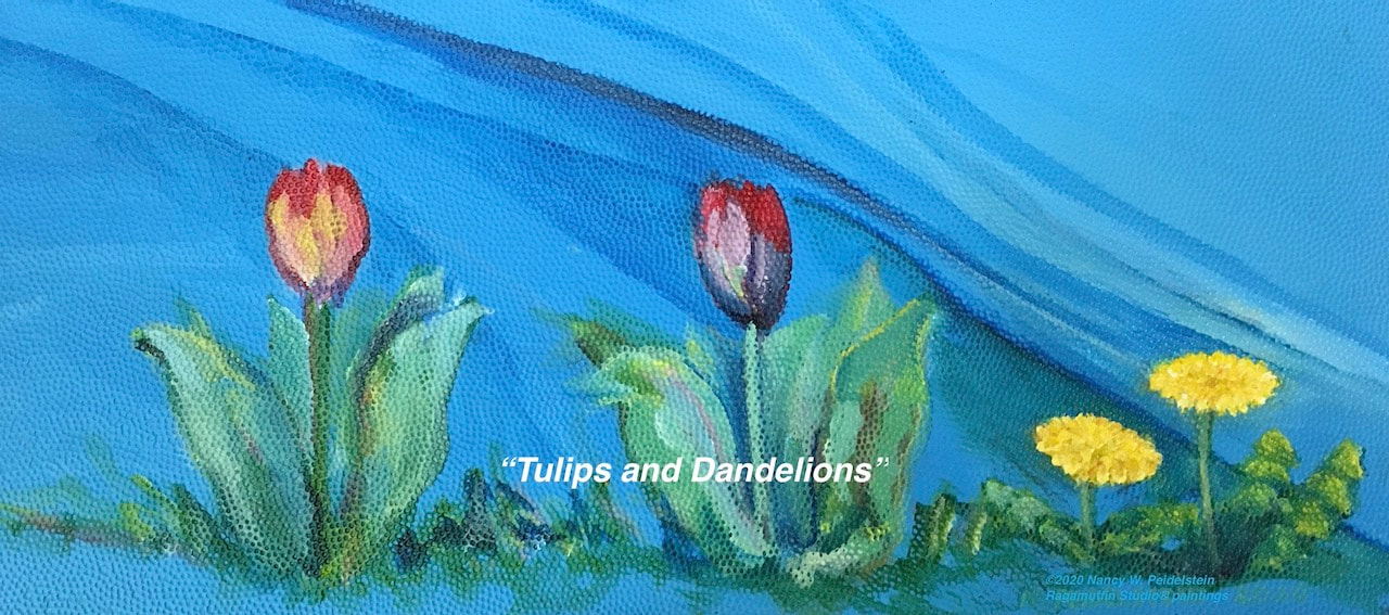 Image of Tulips and Dandelions - acrylic on plastic tote insert - approximately 6" x 14" - $20 (contact for availability)
