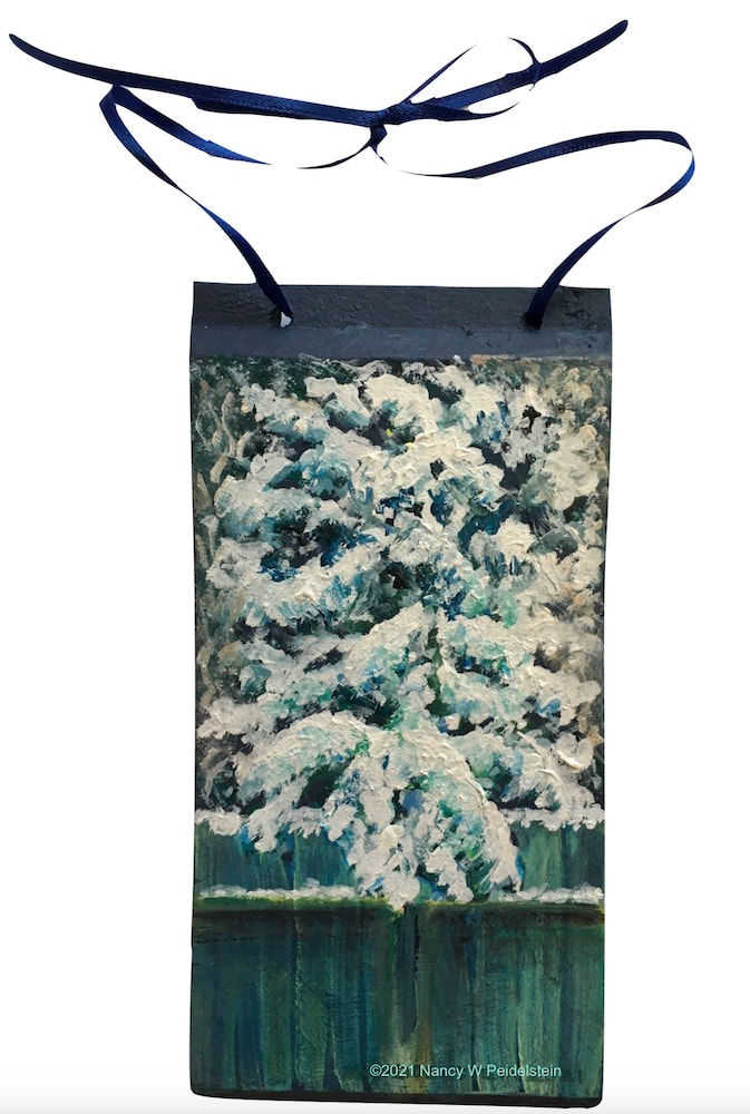 painting of tree with snow and fence titled "Alive 2" - acrylic on wood car siding, "Alive 2" - acrylic on wood car siding, suspended from ribbon - approximately 7" x 3.5"  (contact for availability)