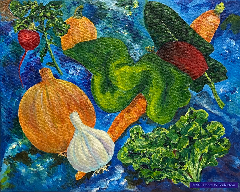 bright painting of vegetables called Growing Season  acrylic  $125  (contact for availability)
