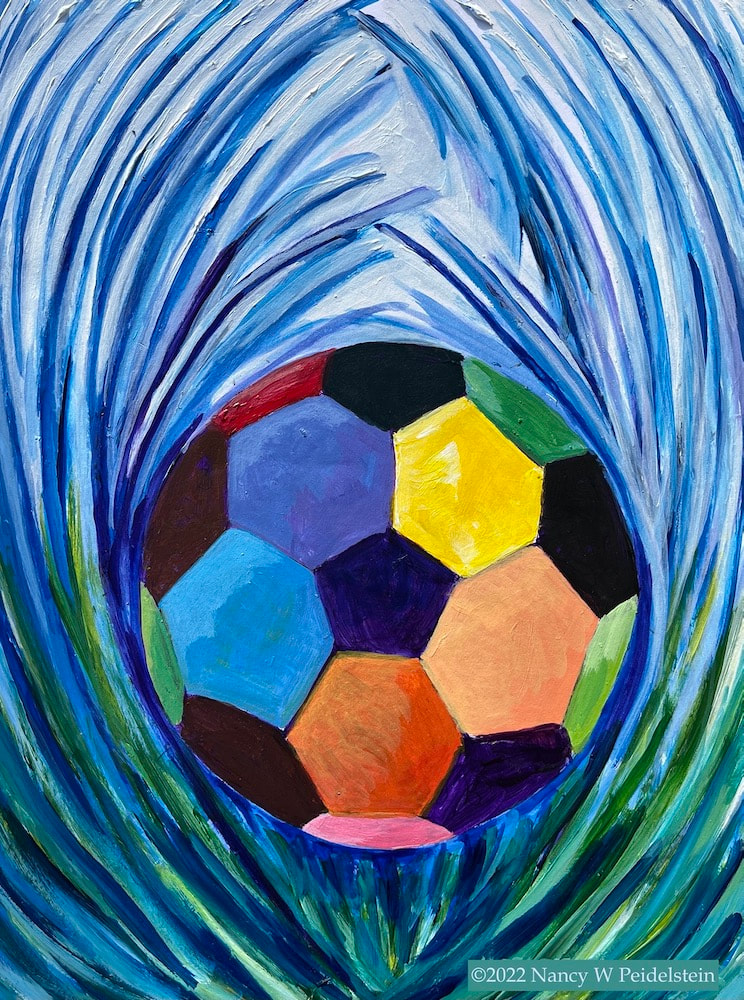 Soccer Ball - acrylic on mounted card stock - Framed to 12" x 9.5"  (contact artist for availability)