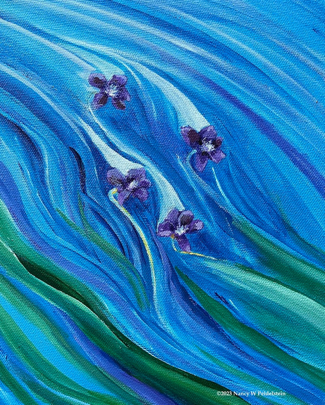 painting with abstracted background titled Four Violets - acrylic 10" x 8" (contact artist for availability)