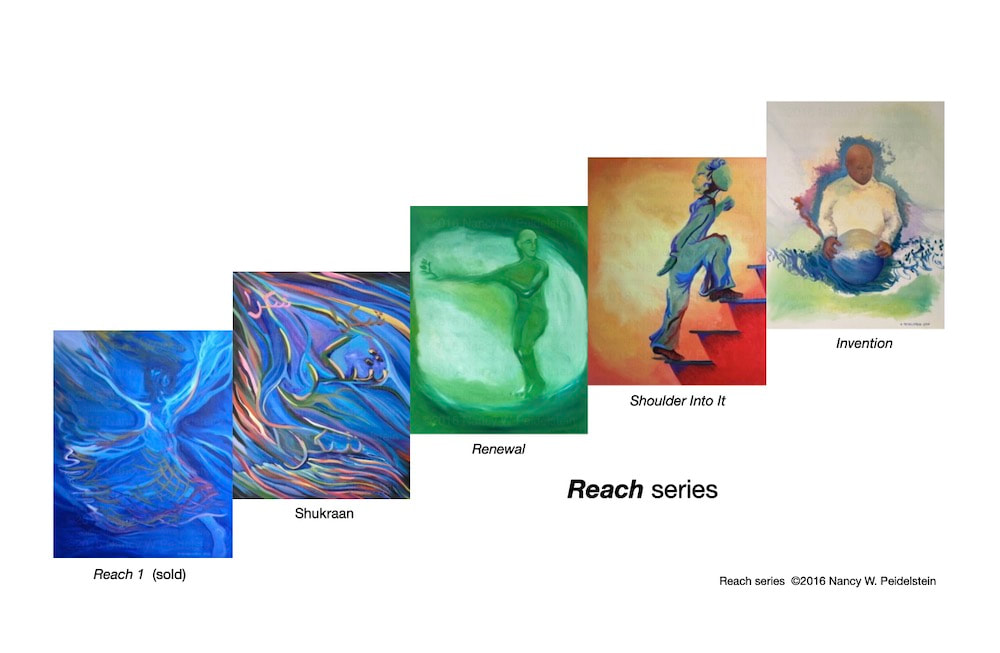 "Reach" series - each oil painting depicting a different form of endeavor is 30" x 24" .  Contact artist for more information.
