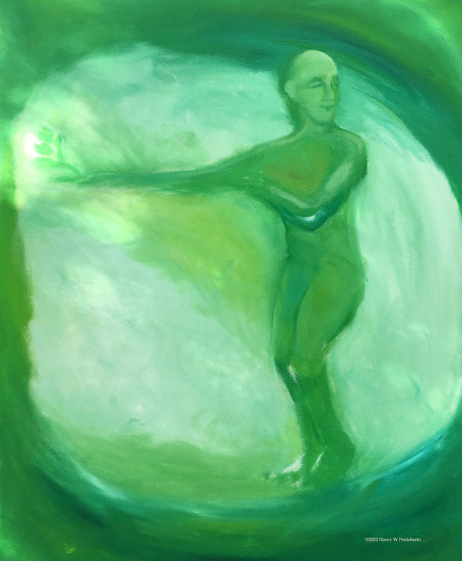 Oil painting 30" x 24" bright green abstracted image of figure in position of standing movement.  Title "Renewal" part of series called "Reach." $1200 for this piece (contact for availability)