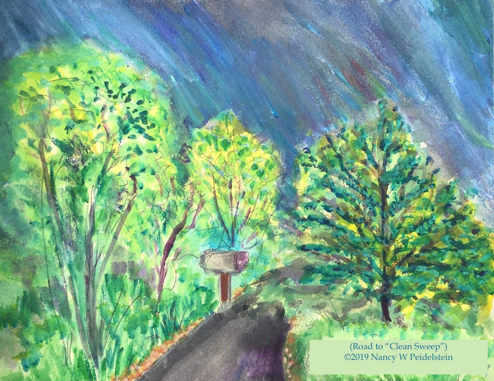 Image of trees and mailbox along roadside, on the way to our area's "Clean Sweep" (composite view).  Pencil & watercolor on paper, matted to approx 11" x 14"   $40 (contact for availability)
