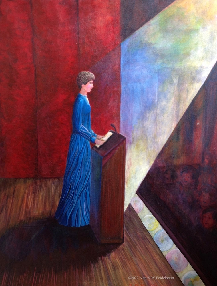 acrylic painting 30" x 24"  of woman at podium facing theatre audience $325 (contact for availability)