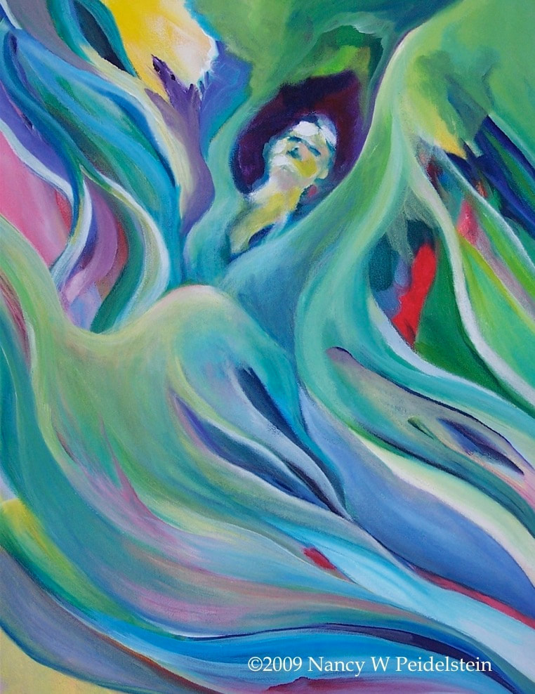 Image of multicolored image of woman looking upwards "The Unfolding"  - acrylic 20" x 16" $20 (Contact for availability)