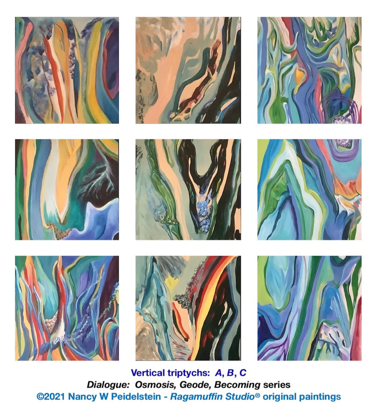 Vertical Triptychs ABC - Dialogue - Osmosis, Geode, Becoming series - series of nine 12" x 12" multi-colored abstract acrylic on wood paintings  - contact artist for more information